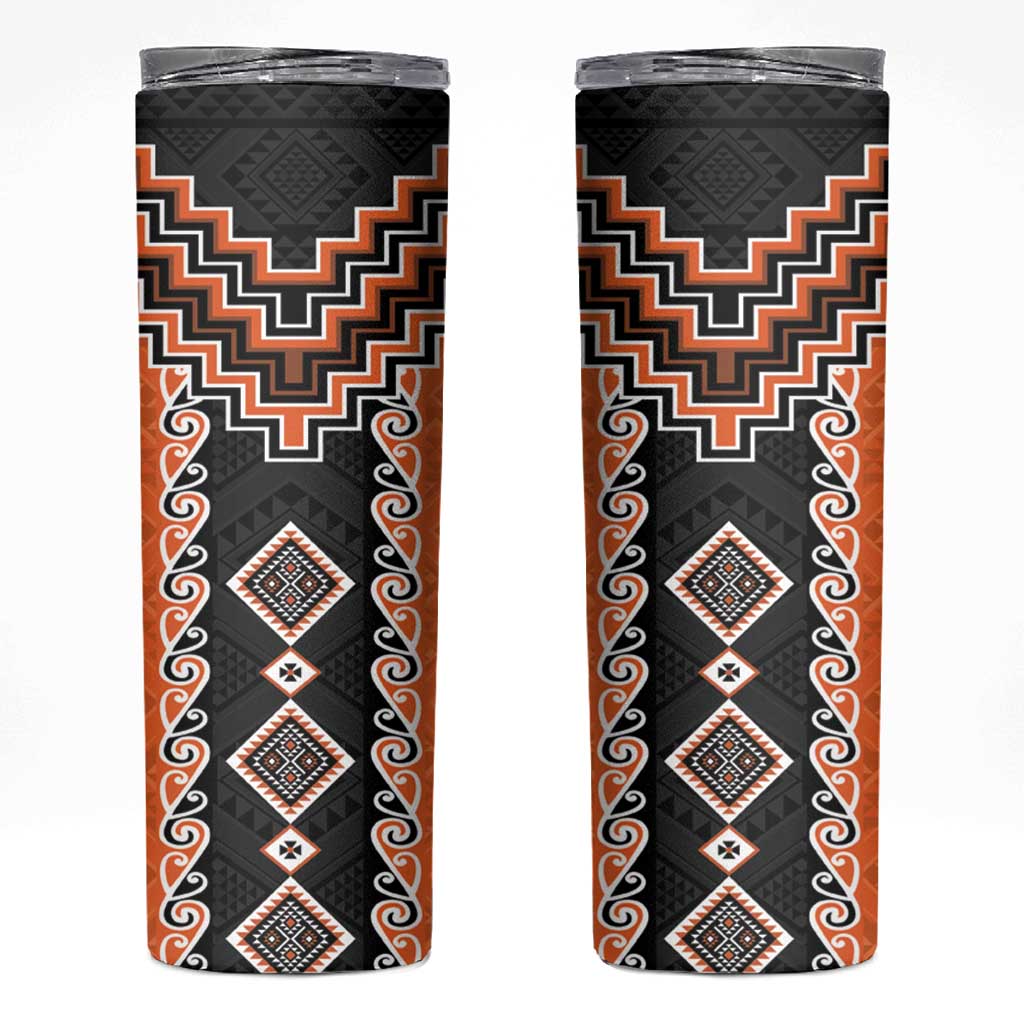 Orange Niho Taniwha Mix Poutama Skinny Tumbler Unique Taniko Aotearoa