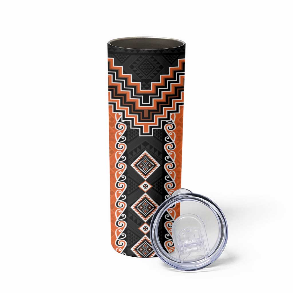 Orange Niho Taniwha Mix Poutama Skinny Tumbler Unique Taniko Aotearoa LT01 - Polynesian Pride
