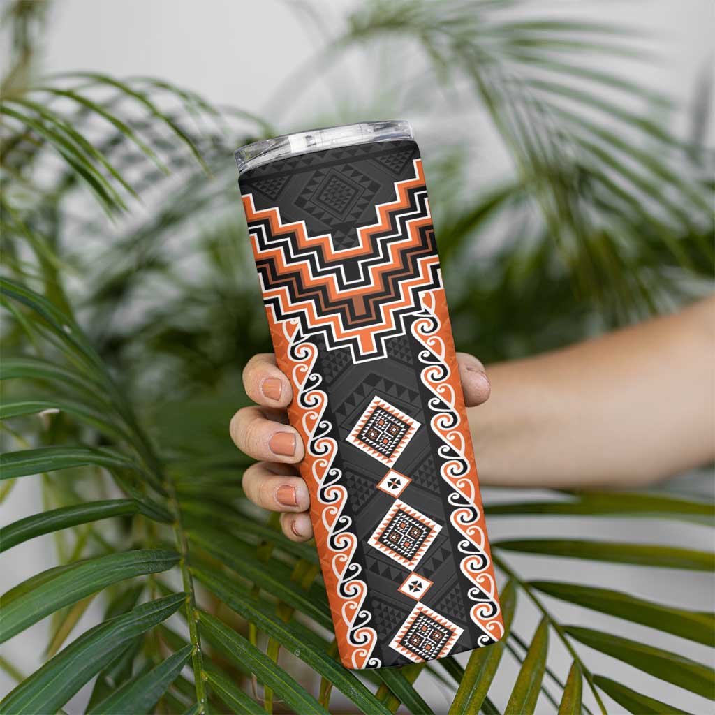 Orange Niho Taniwha Mix Poutama Skinny Tumbler Unique Taniko Aotearoa LT01 - Polynesian Pride