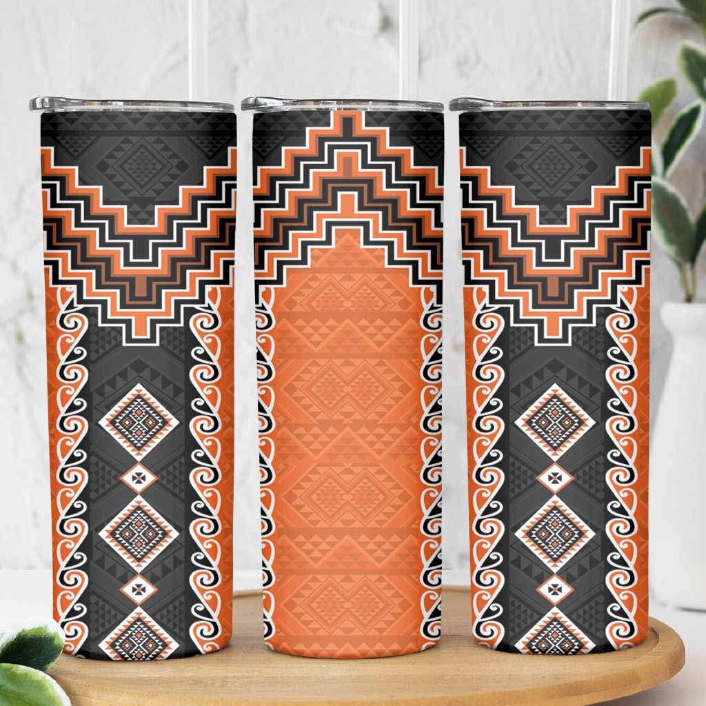 Orange Niho Taniwha Mix Poutama Skinny Tumbler Unique Taniko Aotearoa LT01 - Polynesian Pride
