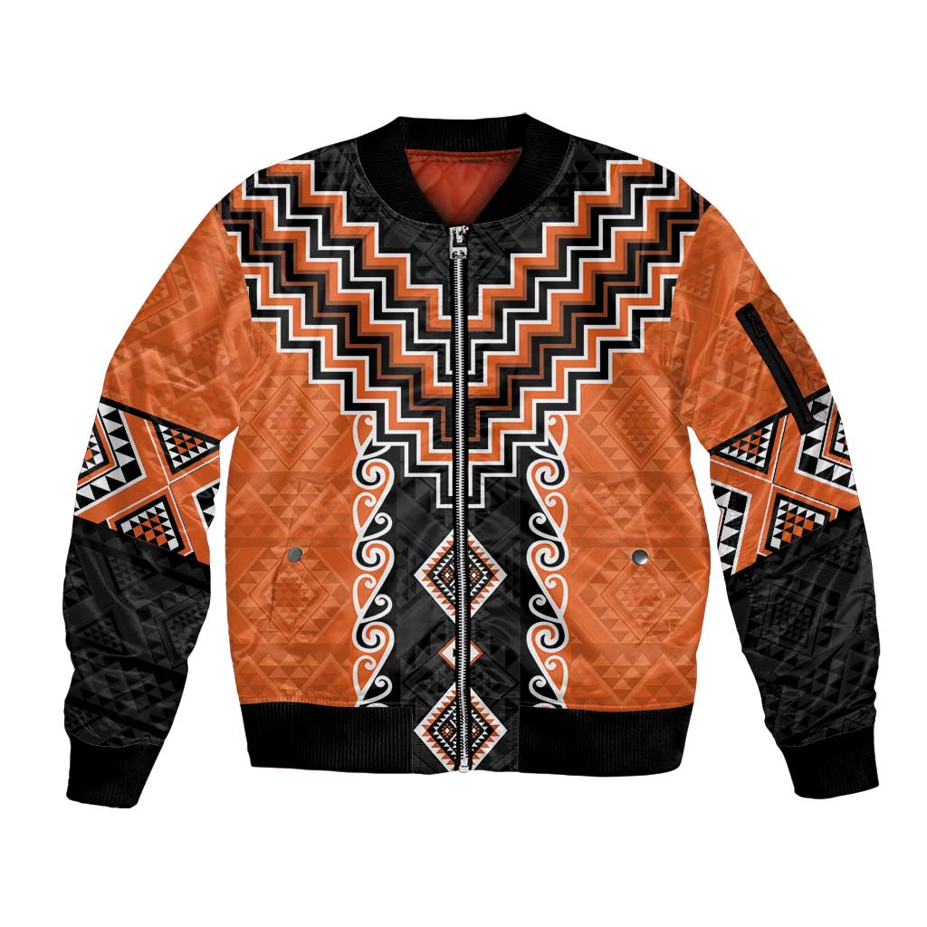 Orange Niho Taniwha Mix Poutama Sleeve Zip Bomber Jacket Unique Taniko Aotearoa