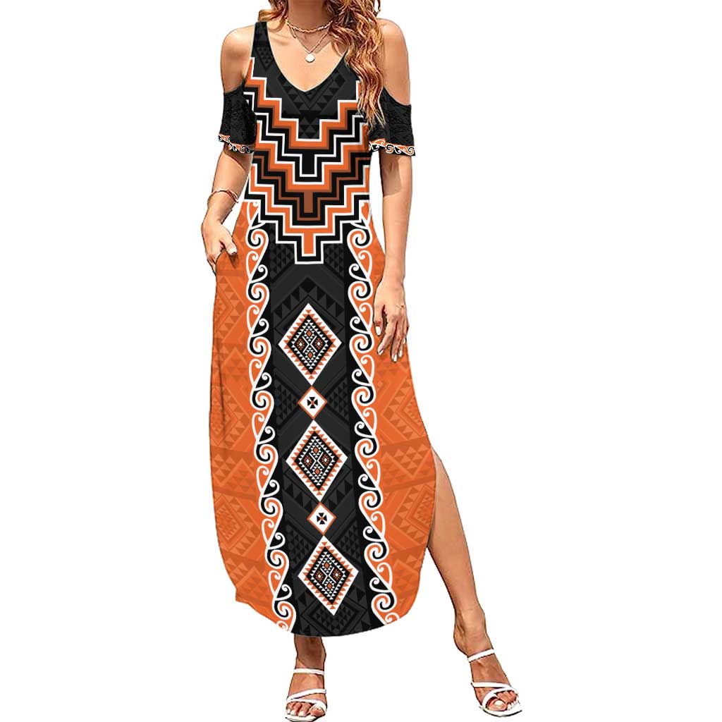 Orange Niho Taniwha Mix Poutama Summer Maxi Dress Unique Taniko Aotearoa