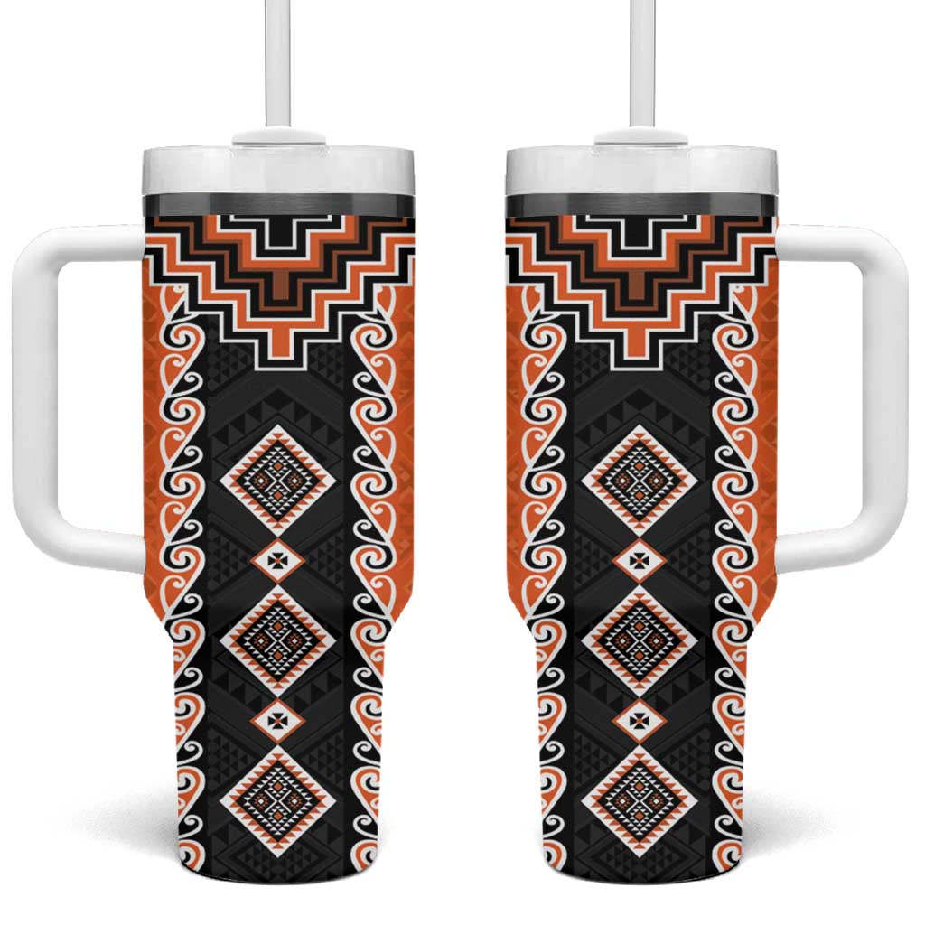 Orange Niho Taniwha Mix Poutama Tumbler With Handle Unique Taniko Aotearoa