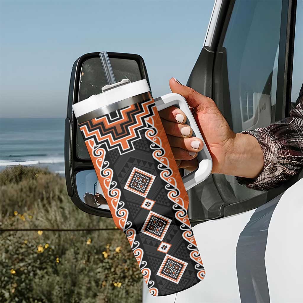 Orange Niho Taniwha Mix Poutama Tumbler With Handle Unique Taniko Aotearoa