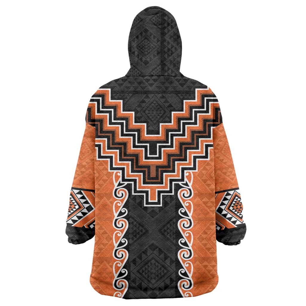 Orange Niho Taniwha Mix Poutama Wearable Blanket Hoodie Unique Taniko Aotearoa