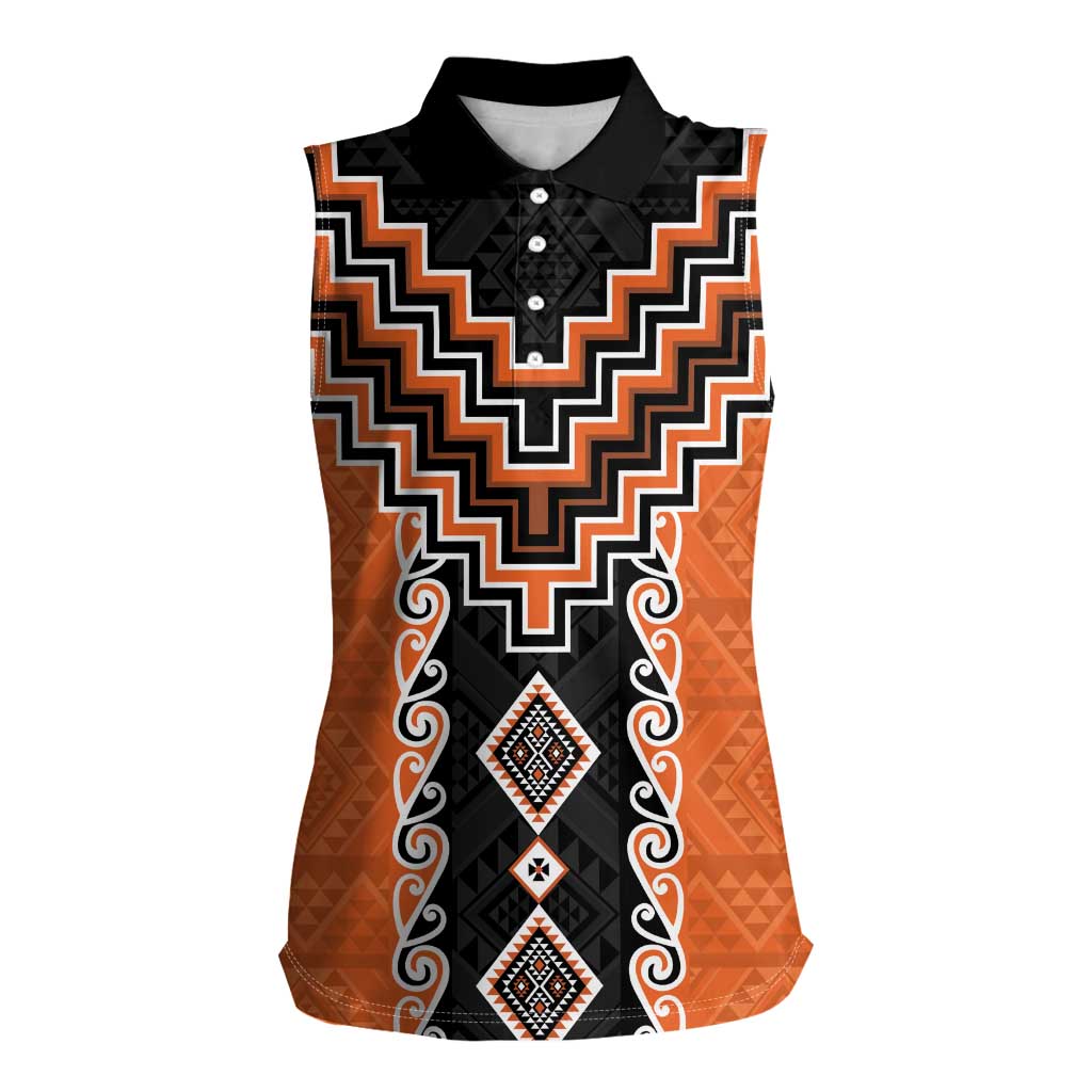 Orange Niho Taniwha Mix Poutama Women Sleeveless Polo Shirt Unique Taniko Aotearoa