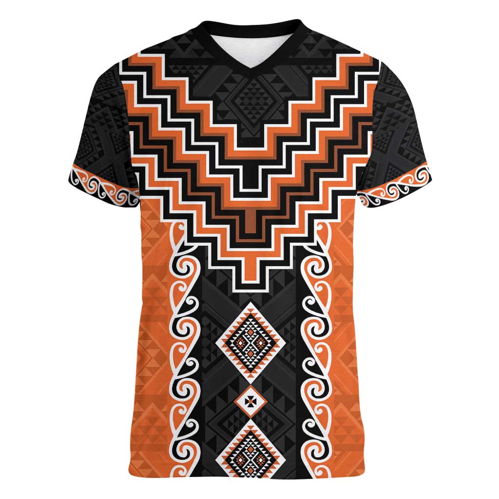 Orange Niho Taniwha Mix Poutama Women V-Neck T-Shirt Unique Taniko Aotearoa