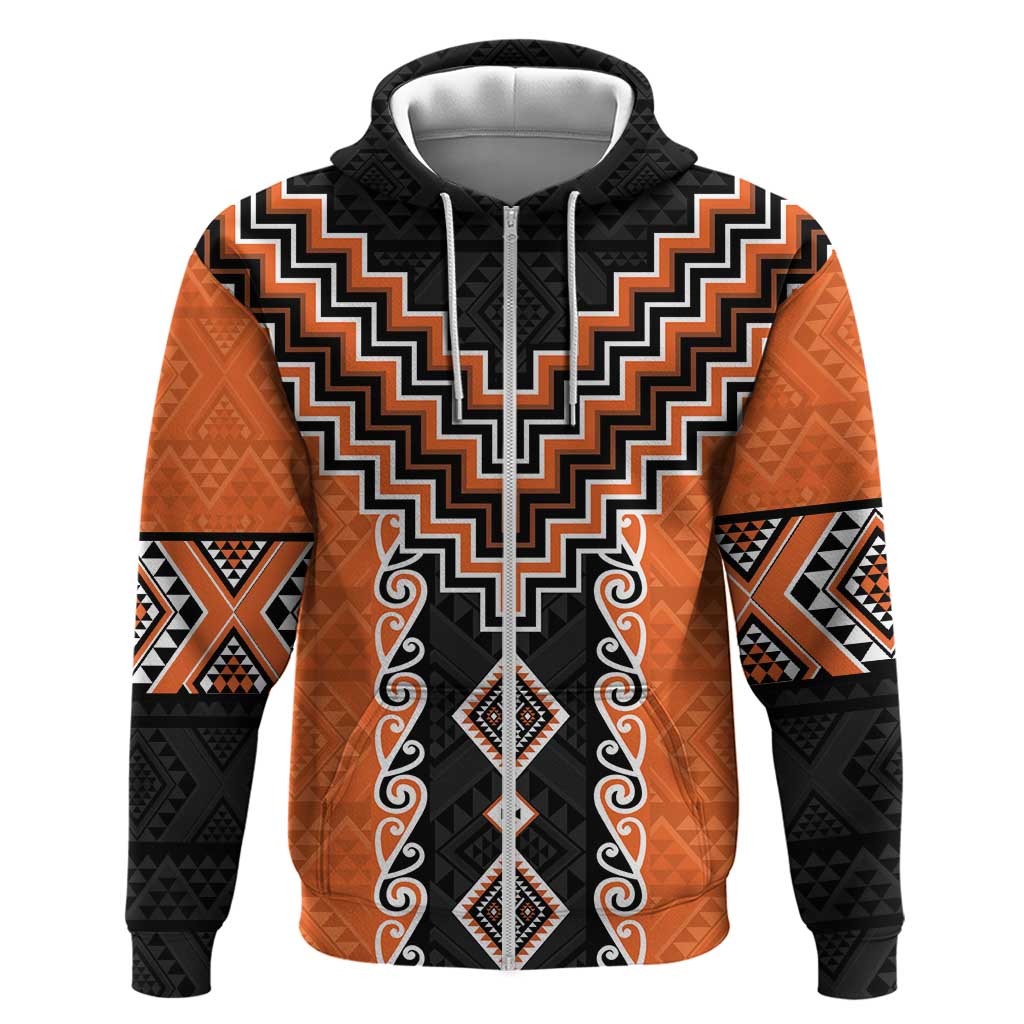 Orange Niho Taniwha Mix Poutama Zip Hoodie Unique Taniko Aotearoa LT01 Zip Hoodie Orange - Polynesian Pride