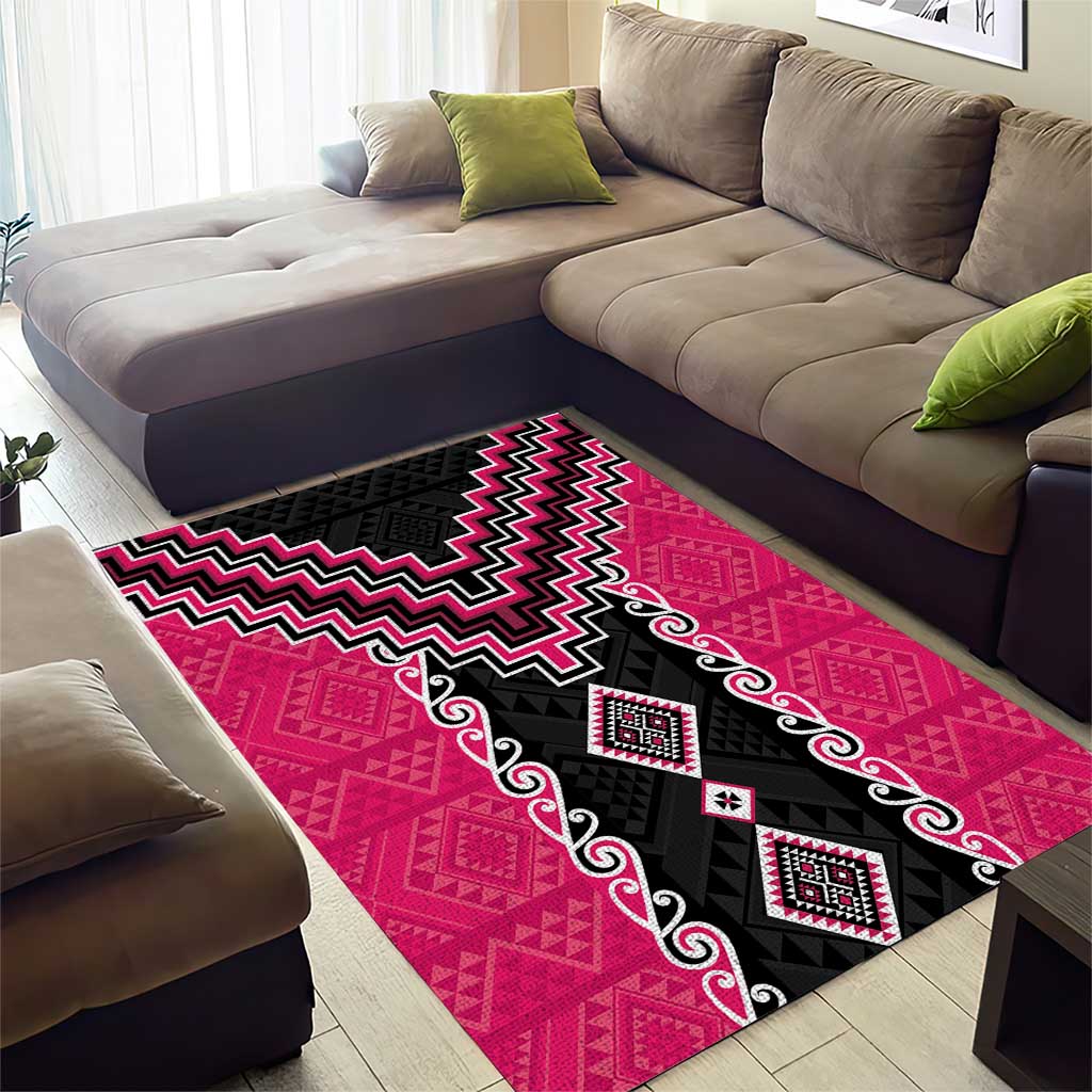 Pink Niho Taniwha Mix Poutama Area Rug Unique Taniko Aotearoa