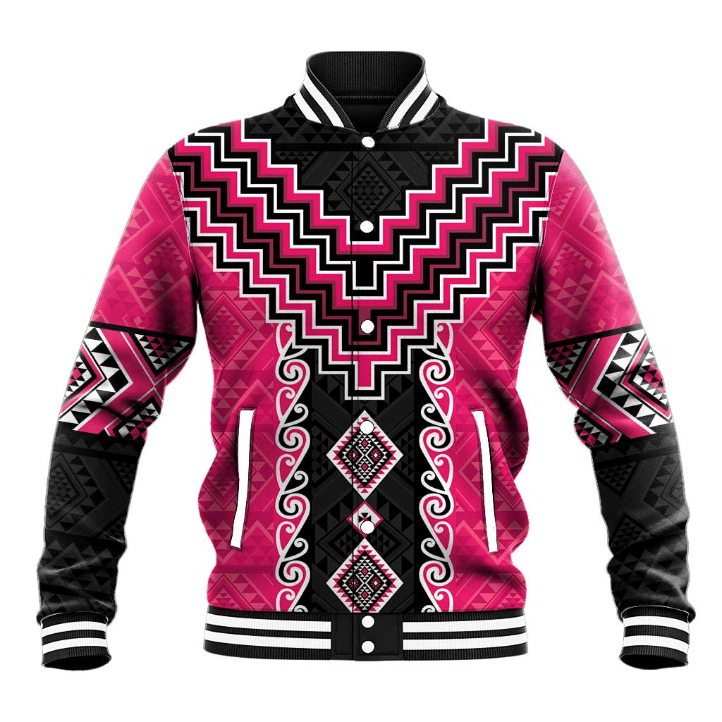 Pink Niho Taniwha Mix Poutama Baseball Jacket Unique Taniko Aotearoa