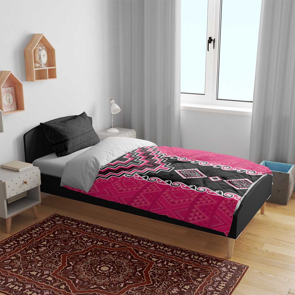 Pink Niho Taniwha Mix Poutama Bedding Set Unique Taniko Aotearoa