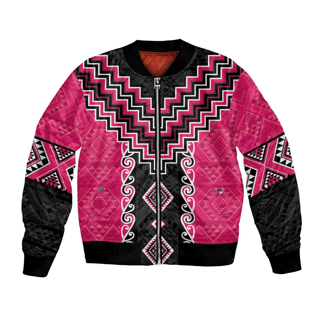 Pink Niho Taniwha Mix Poutama Bomber Jacket Unique Taniko Aotearoa