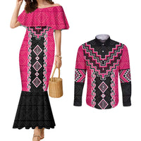 Pink Niho Taniwha Mix Poutama Couples Matching Mermaid Dress and Long Sleeve Button Shirt Unique Taniko Aotearoa LT01 Pink - Polynesian Pride