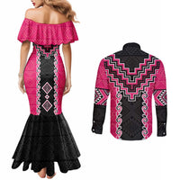 Pink Niho Taniwha Mix Poutama Couples Matching Mermaid Dress and Long Sleeve Button Shirt Unique Taniko Aotearoa LT01 - Polynesian Pride