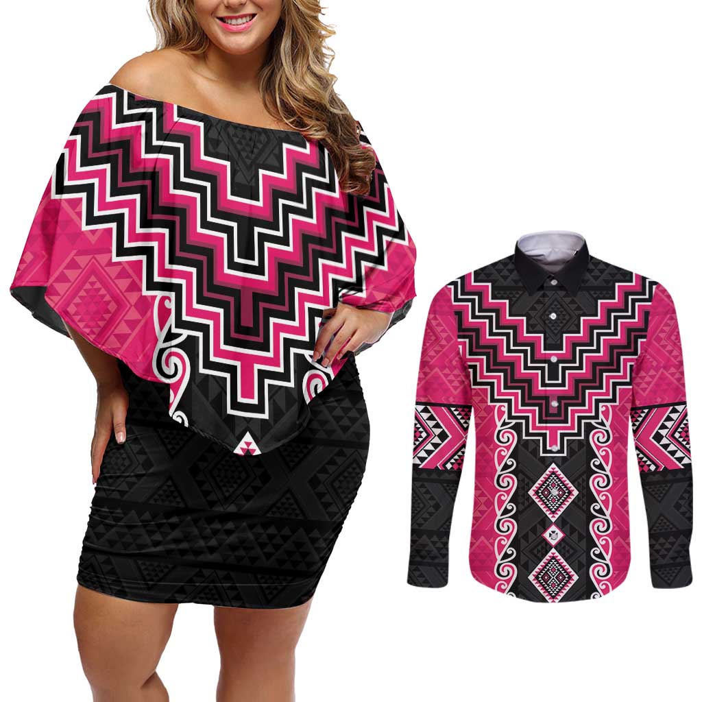 Pink Niho Taniwha Mix Poutama Couples Matching Off Shoulder Short Dress and Long Sleeve Button Shirt Unique Taniko Aotearoa