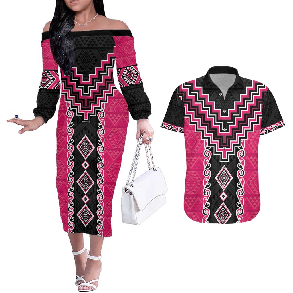 Pink Niho Taniwha Mix Poutama Couples Matching Off The Shoulder Long Sleeve Dress and Hawaiian Shirt Unique Taniko Aotearoa