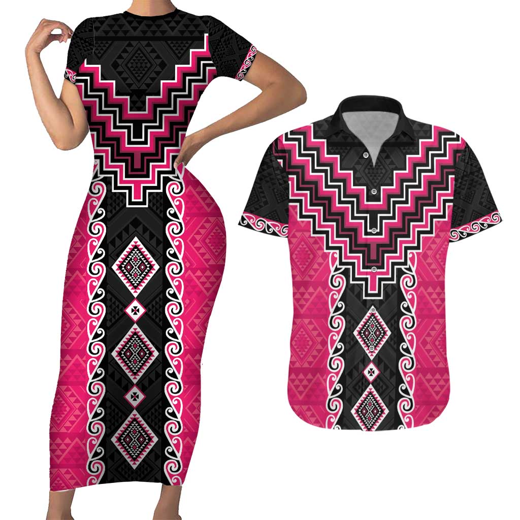 Pink Niho Taniwha Mix Poutama Couples Matching Short Sleeve Bodycon Dress and Hawaiian Shirt Unique Taniko Aotearoa