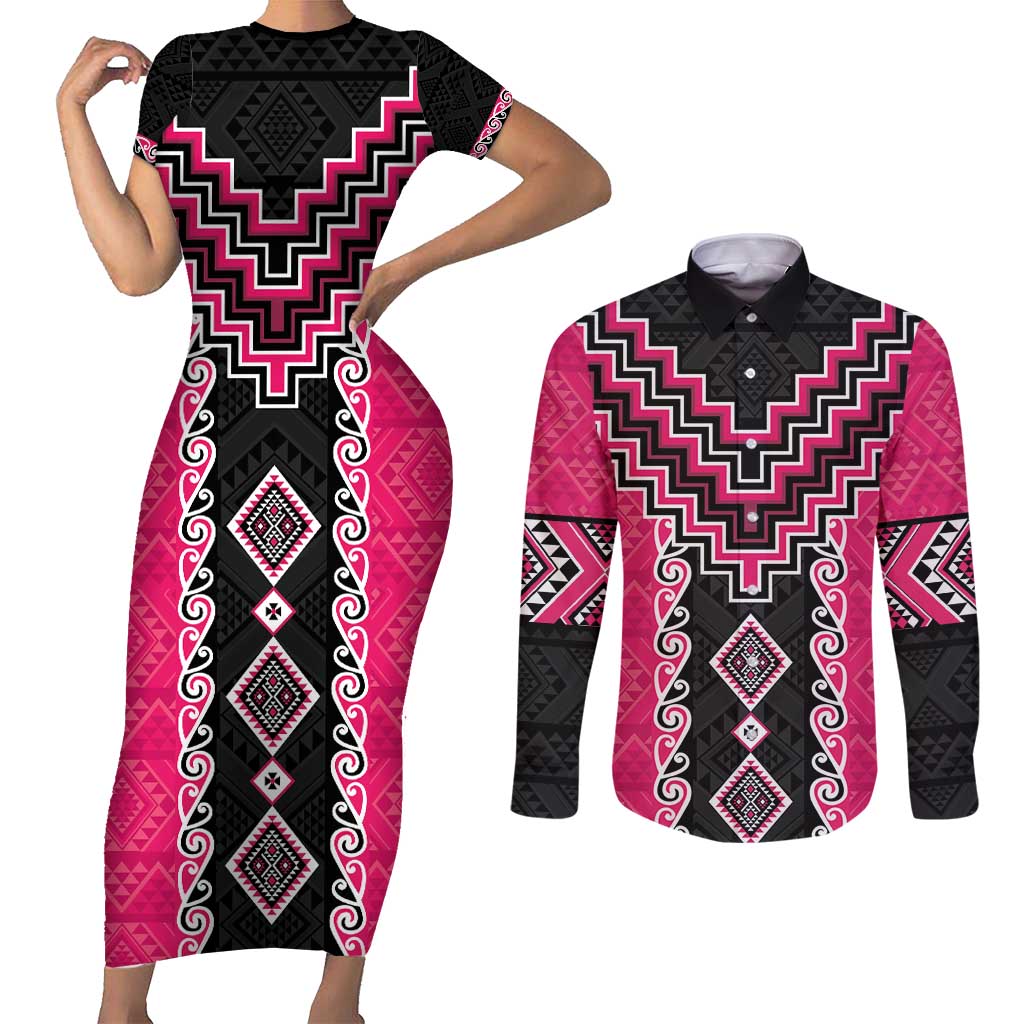 Pink Niho Taniwha Mix Poutama Couples Matching Short Sleeve Bodycon Dress and Long Sleeve Button Shirt Unique Taniko Aotearoa