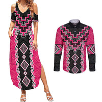 Pink Niho Taniwha Mix Poutama Couples Matching Summer Maxi Dress and Long Sleeve Button Shirt Unique Taniko Aotearoa
