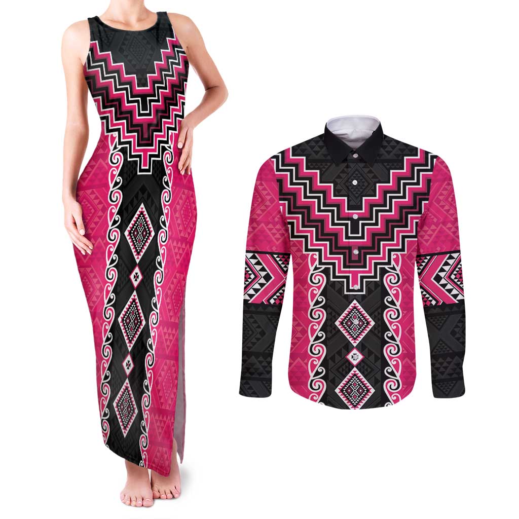 Pink Niho Taniwha Mix Poutama Couples Matching Tank Maxi Dress and Long Sleeve Button Shirt Unique Taniko Aotearoa