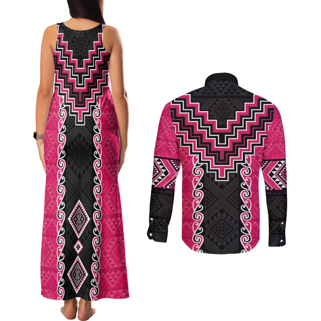 Pink Niho Taniwha Mix Poutama Couples Matching Tank Maxi Dress and Long Sleeve Button Shirt Unique Taniko Aotearoa LT01 - Polynesian Pride