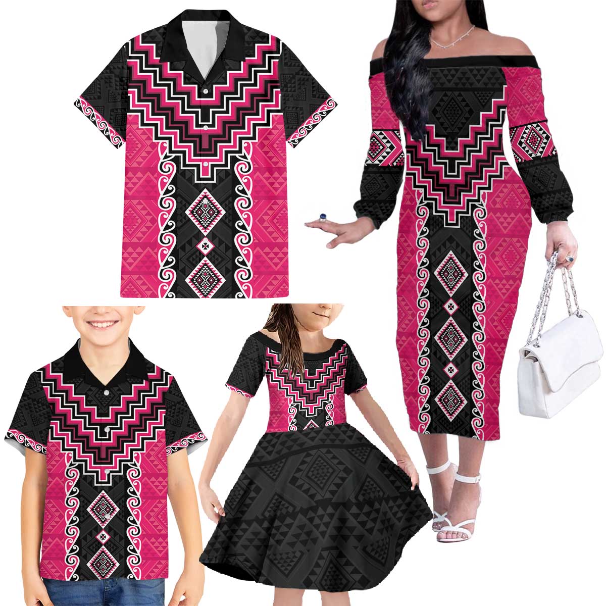 Pink Niho Taniwha Mix Poutama Family Matching Off The Shoulder Long Sleeve Dress and Hawaiian Shirt Unique Taniko Aotearoa