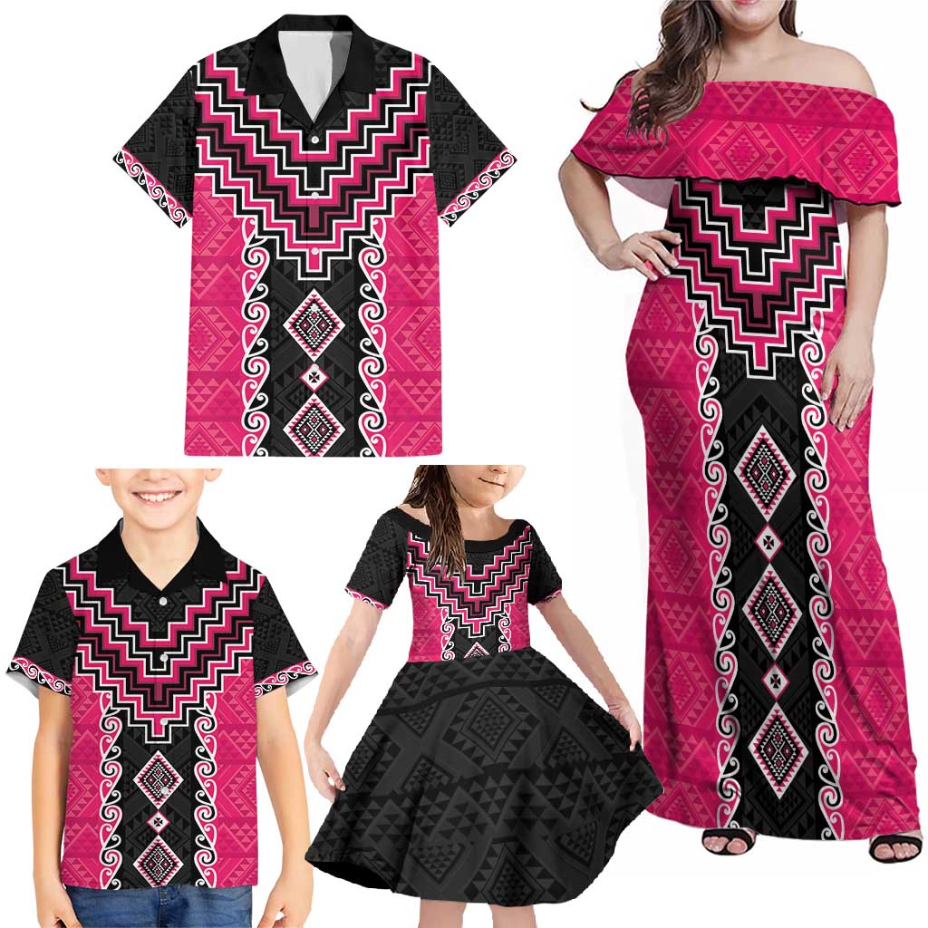 Pink Niho Taniwha Mix Poutama Family Matching Off Shoulder Maxi Dress and Hawaiian Shirt Unique Taniko Aotearoa