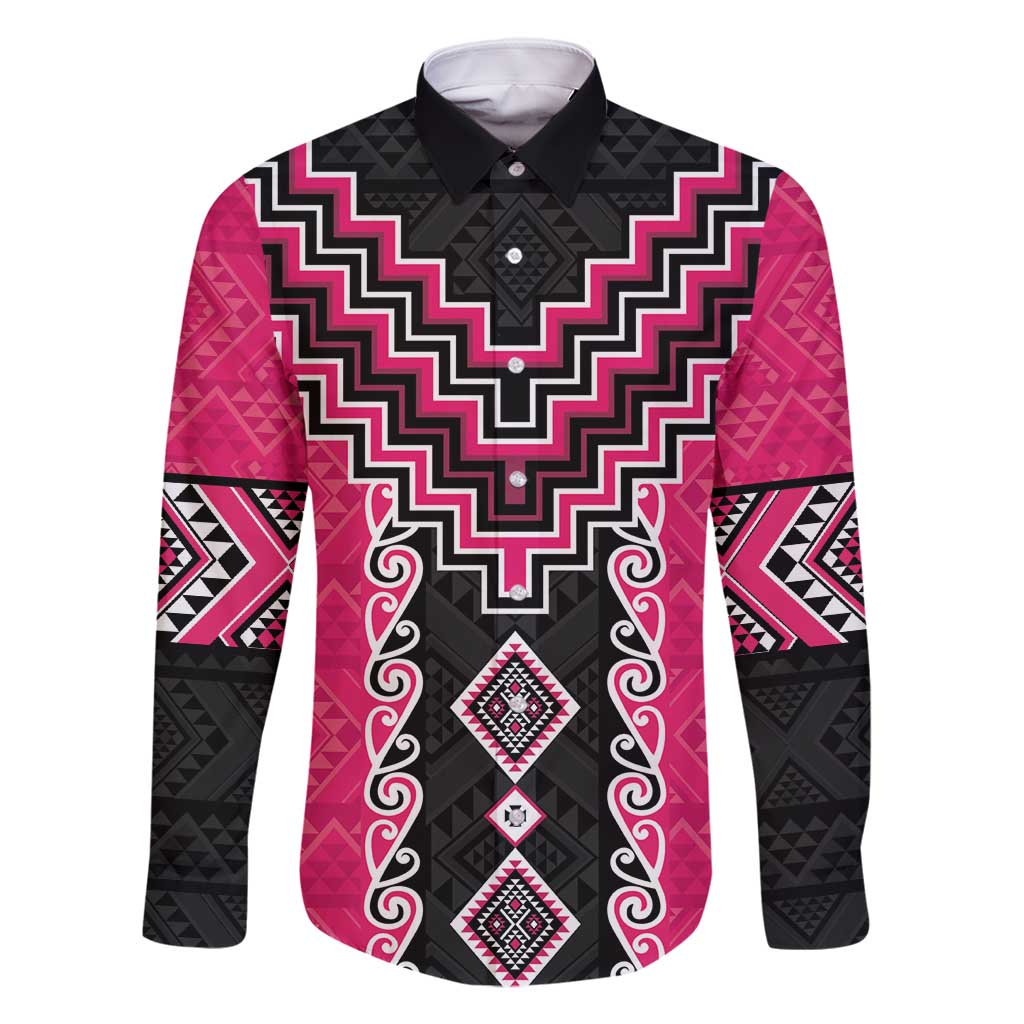 Pink Niho Taniwha Mix Poutama Family Matching Off Shoulder Maxi Dress and Hawaiian Shirt Unique Taniko Aotearoa