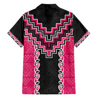 Pink Niho Taniwha Mix Poutama Family Matching Short Sleeve Bodycon Dress and Hawaiian Shirt Unique Taniko Aotearoa