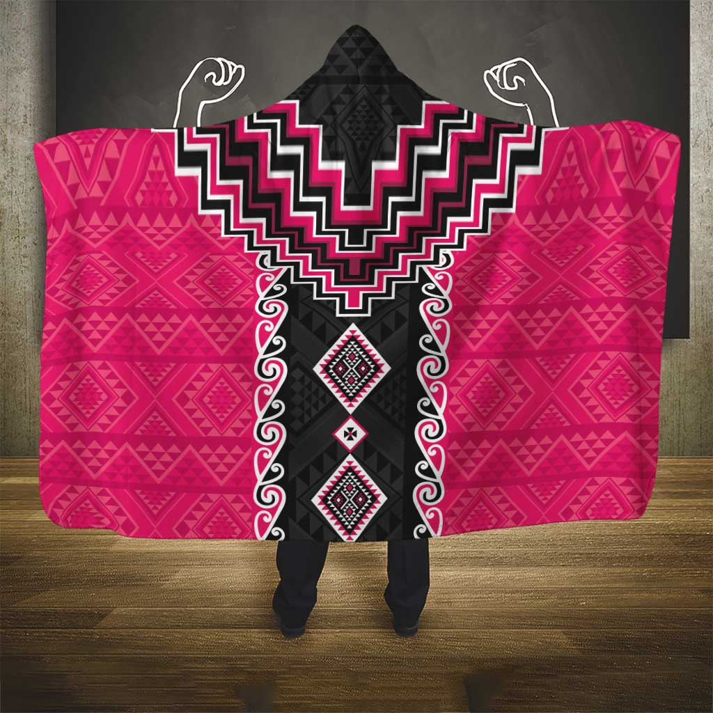 Pink Niho Taniwha Mix Poutama Hooded Blanket Unique Taniko Aotearoa