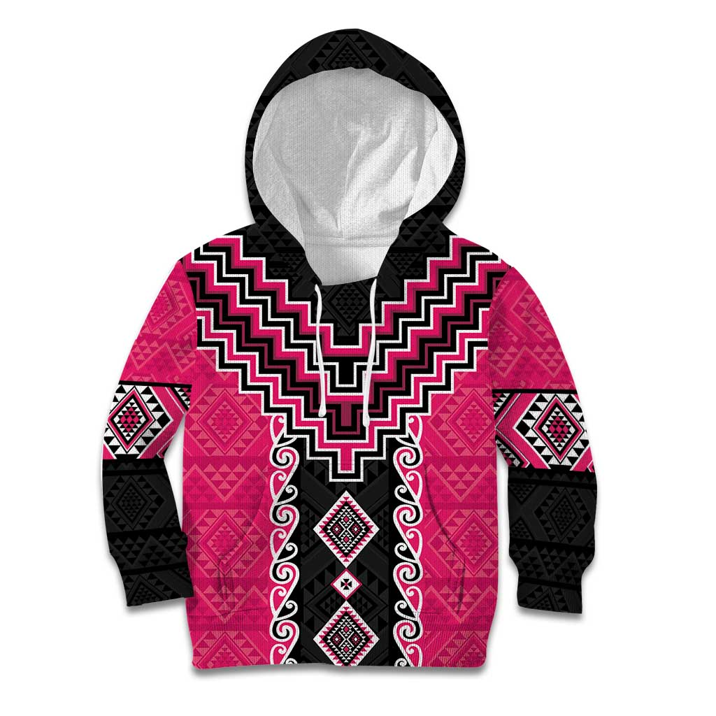 Pink Niho Taniwha Mix Poutama Kid Hoodie Unique Taniko Aotearoa