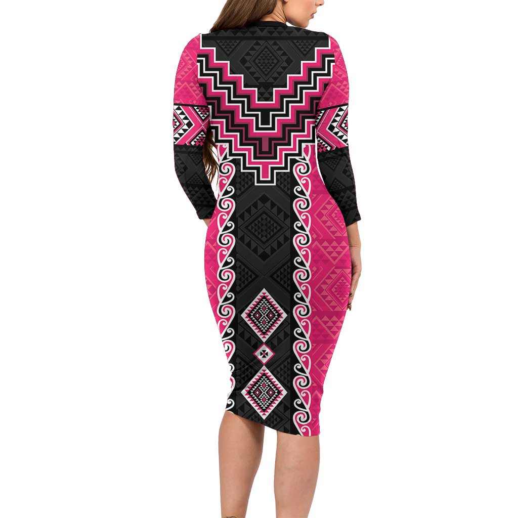 Pink Niho Taniwha Mix Poutama Long Sleeve Bodycon Dress Unique Taniko Aotearoa LT01 - Polynesian Pride