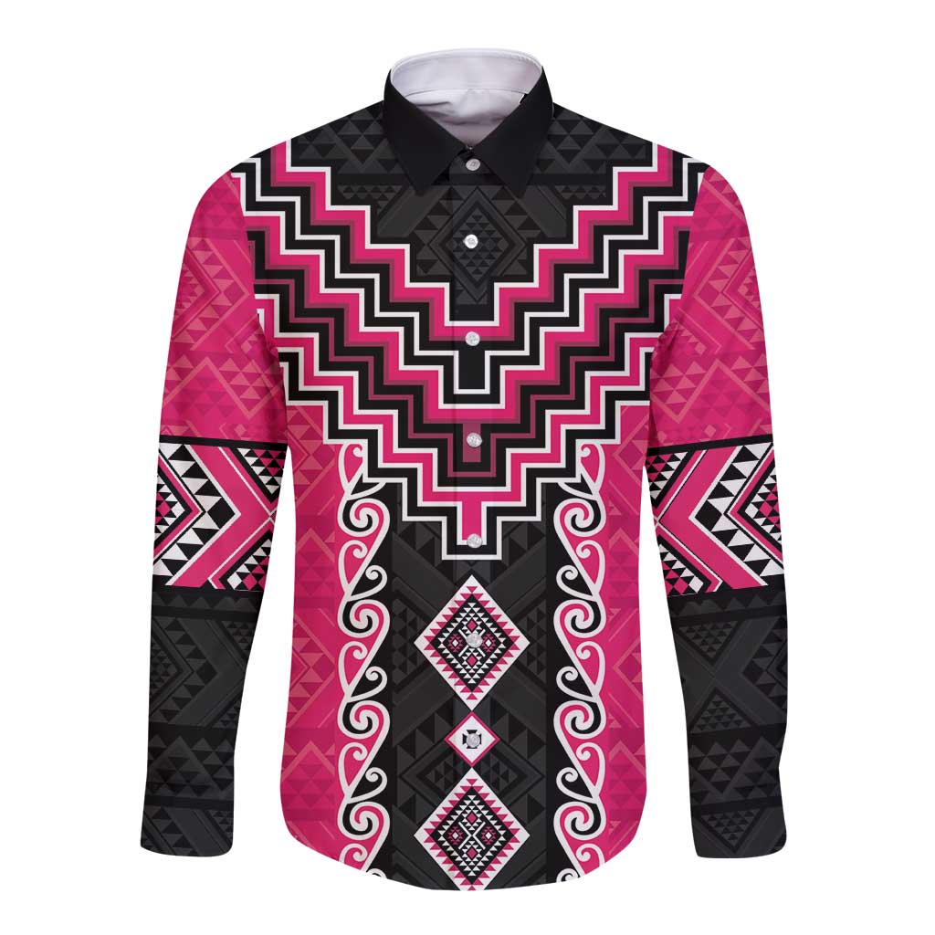 Pink Niho Taniwha Mix Poutama Long Sleeve Button Shirt Unique Taniko Aotearoa