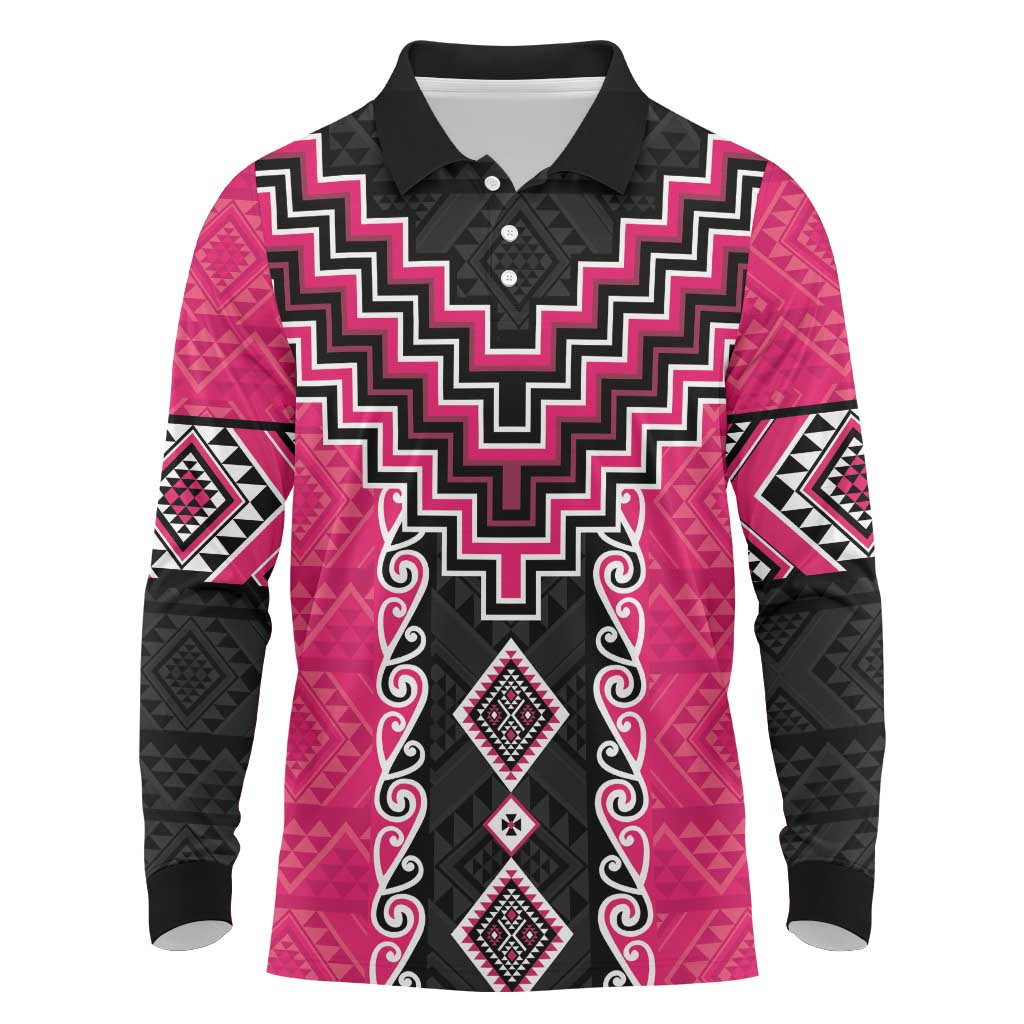 Pink Niho Taniwha Mix Poutama Long Sleeve Polo Shirt Unique Taniko Aotearoa