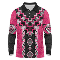 Pink Niho Taniwha Mix Poutama Long Sleeve Polo Shirt Unique Taniko Aotearoa LT01 Pink - Polynesian Pride