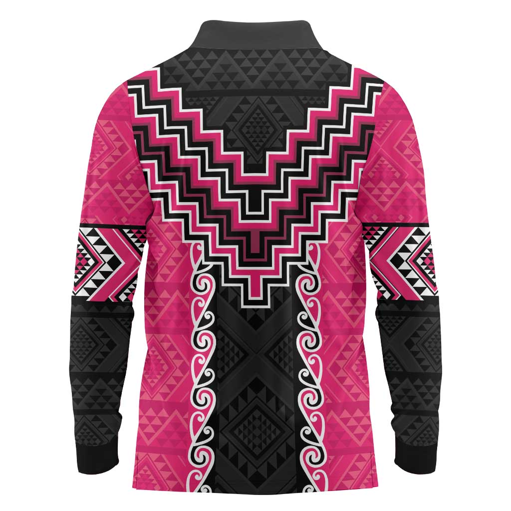 Pink Niho Taniwha Mix Poutama Long Sleeve Polo Shirt Unique Taniko Aotearoa LT01 - Polynesian Pride