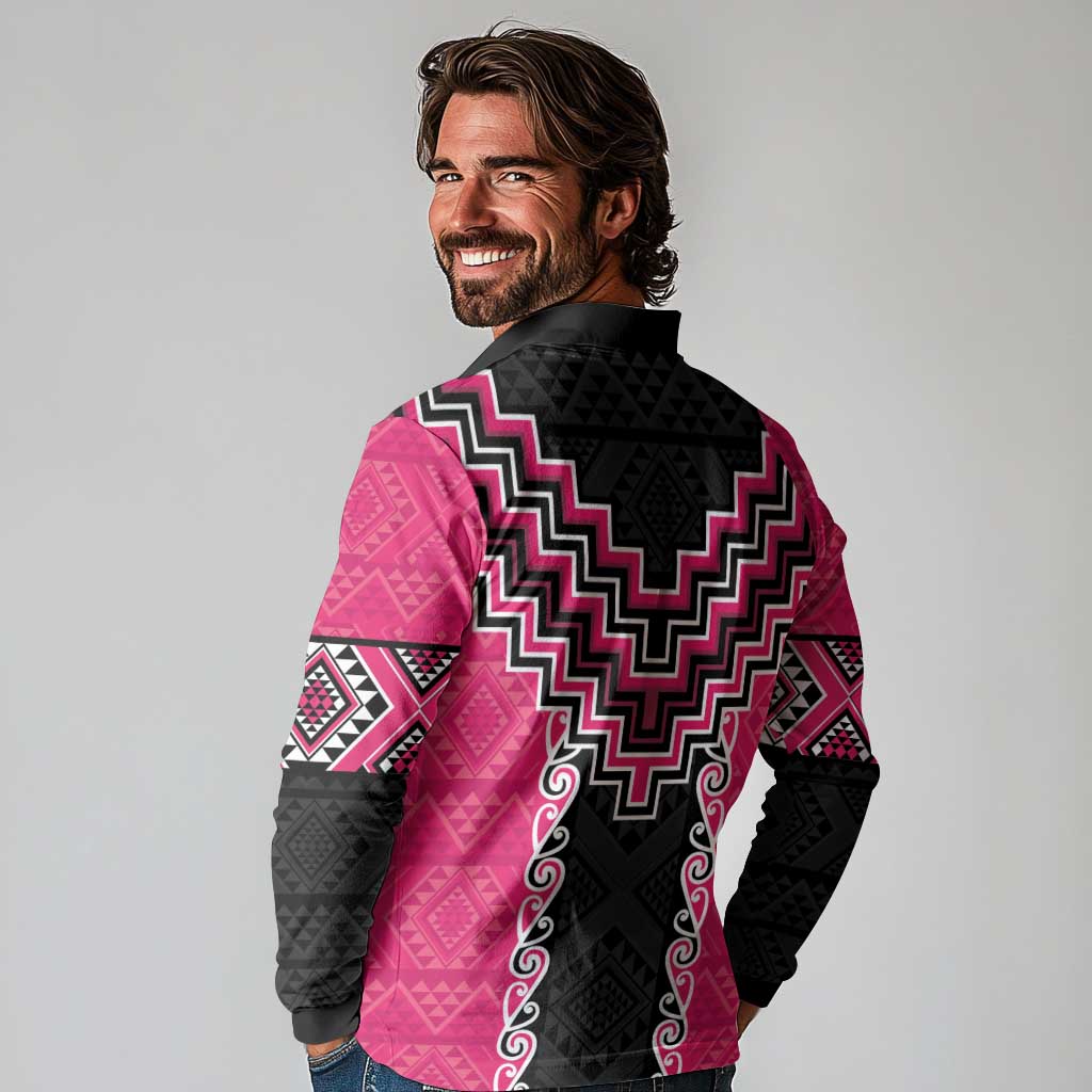 Pink Niho Taniwha Mix Poutama Long Sleeve Polo Shirt Unique Taniko Aotearoa LT01 - Polynesian Pride