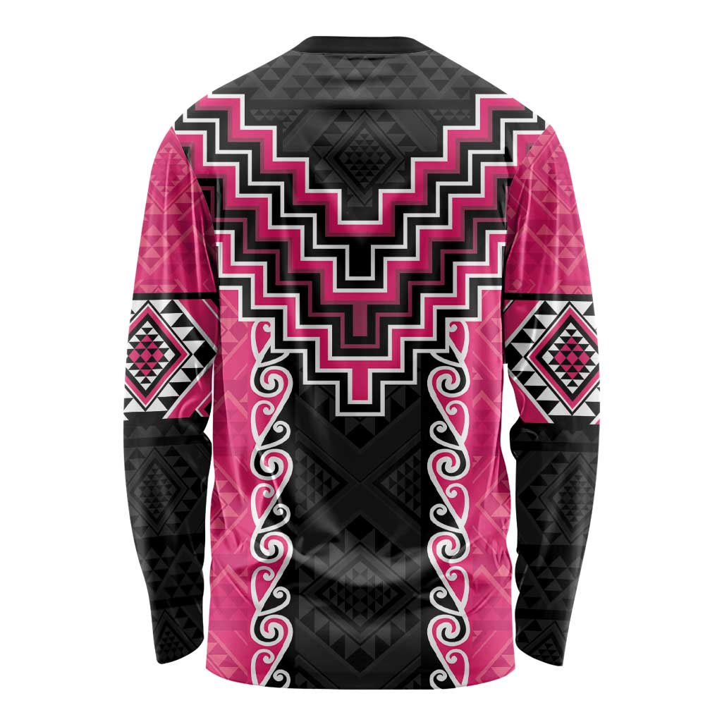 Pink Niho Taniwha Mix Poutama Long Sleeve Shirt Unique Taniko Aotearoa