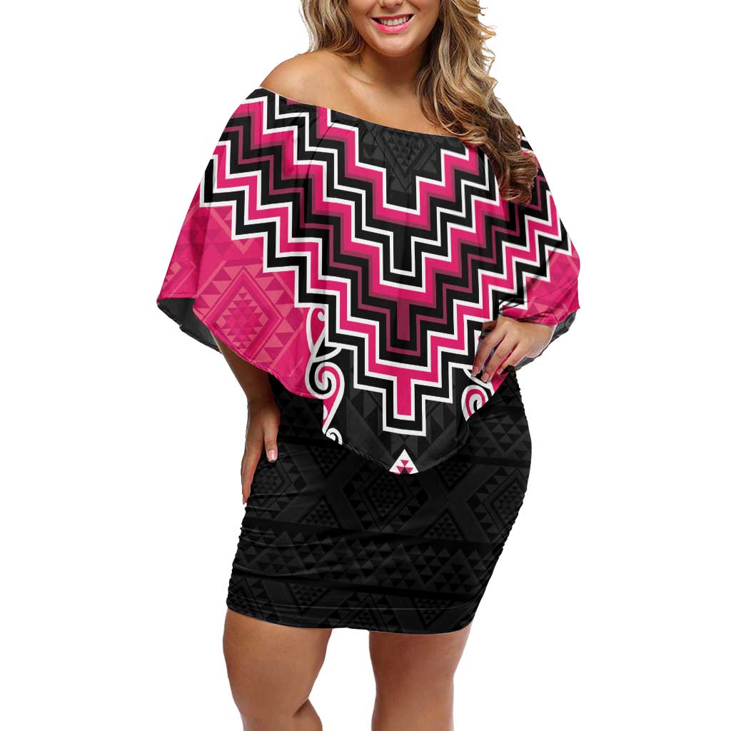 Pink Niho Taniwha Mix Poutama Off Shoulder Short Dress Unique Taniko Aotearoa