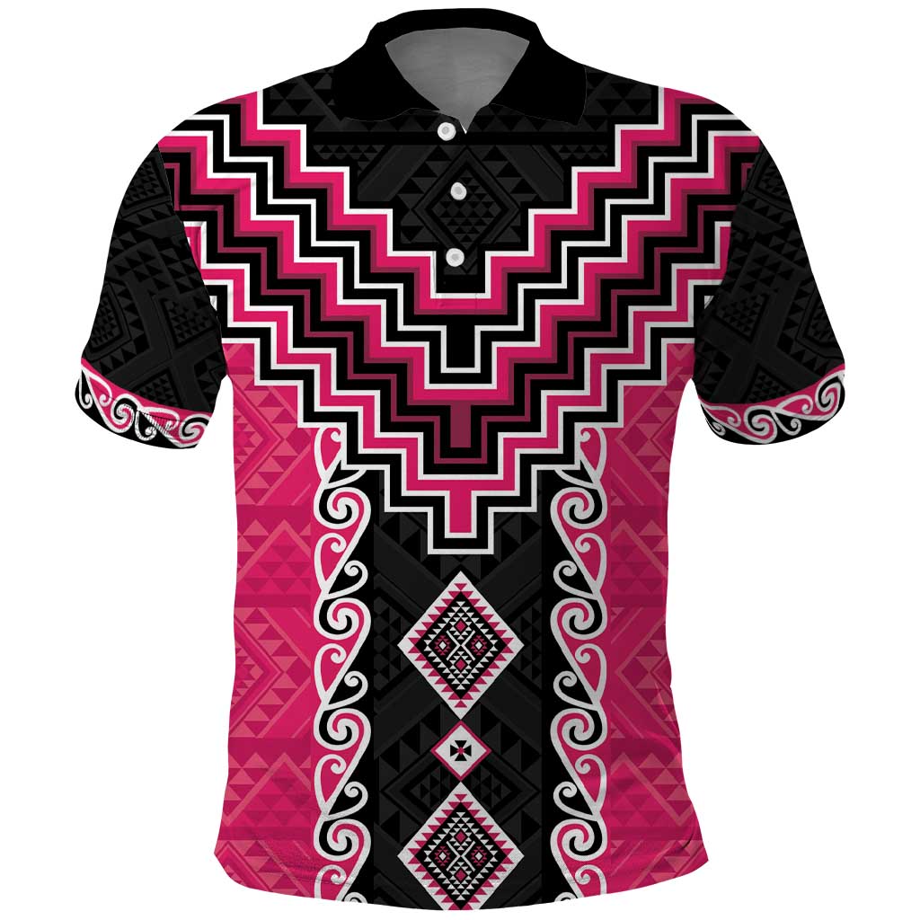 Pink Niho Taniwha Mix Poutama Polo Shirt Unique Taniko Aotearoa