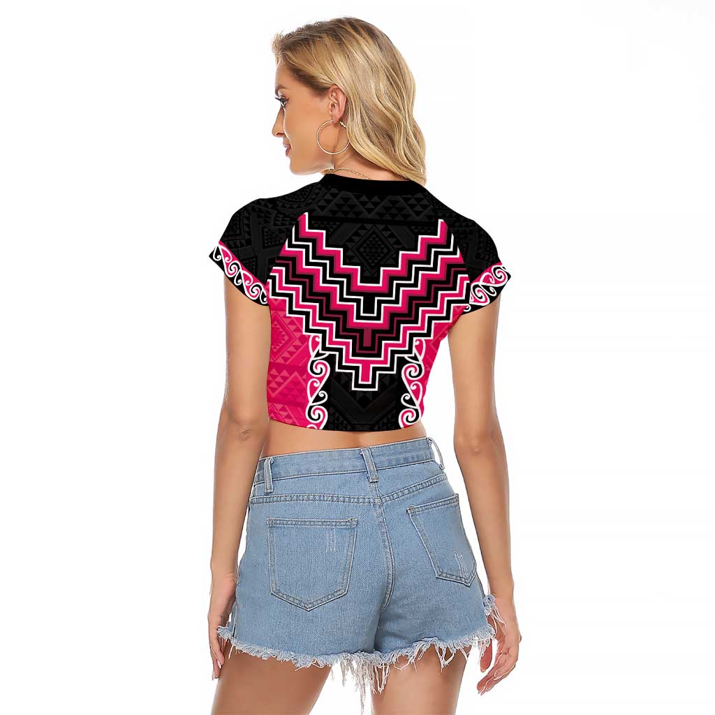 Pink Niho Taniwha Mix Poutama Raglan Cropped T Shirt Unique Taniko Aotearoa