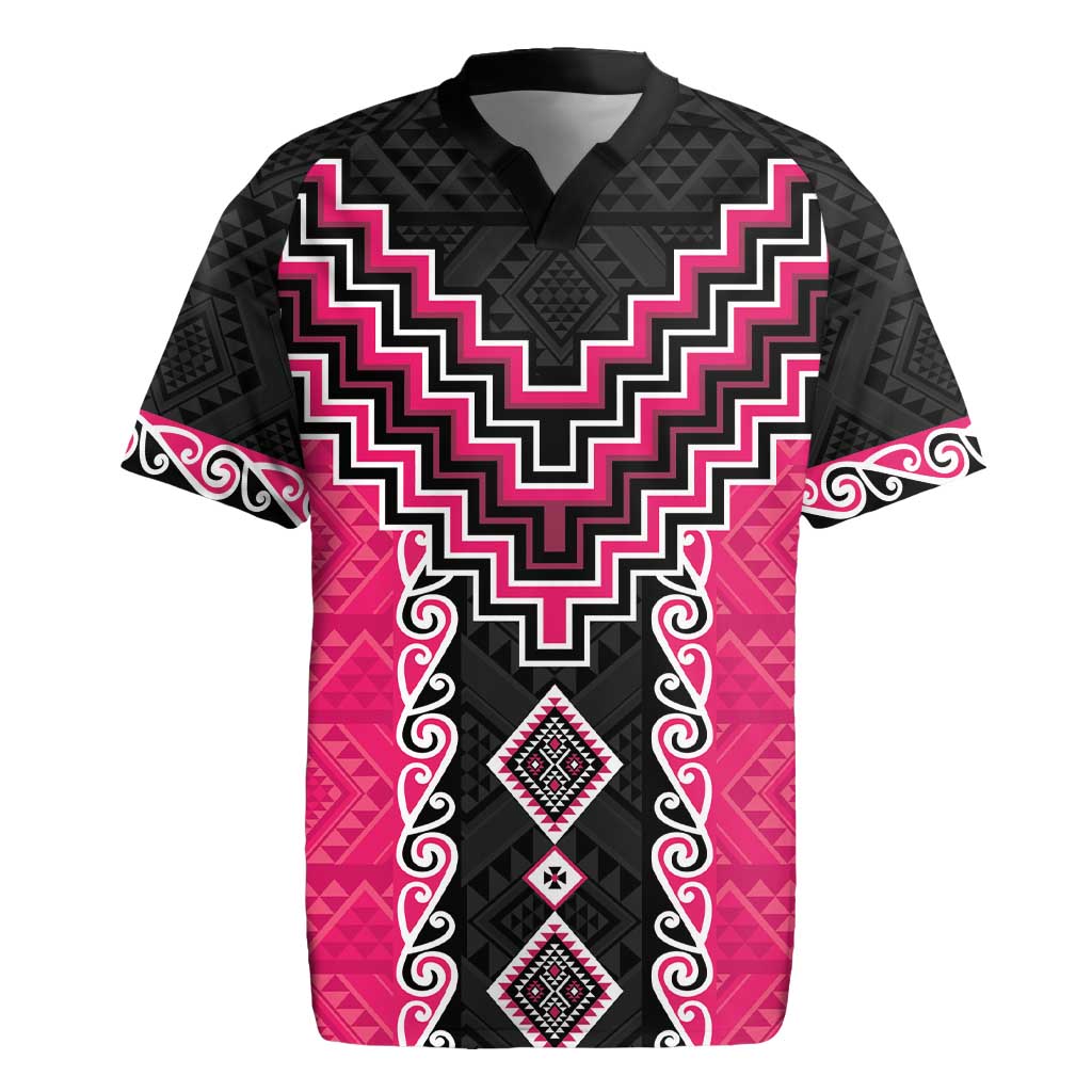 Pink Niho Taniwha Mix Poutama Rugby Jersey Unique Taniko Aotearoa