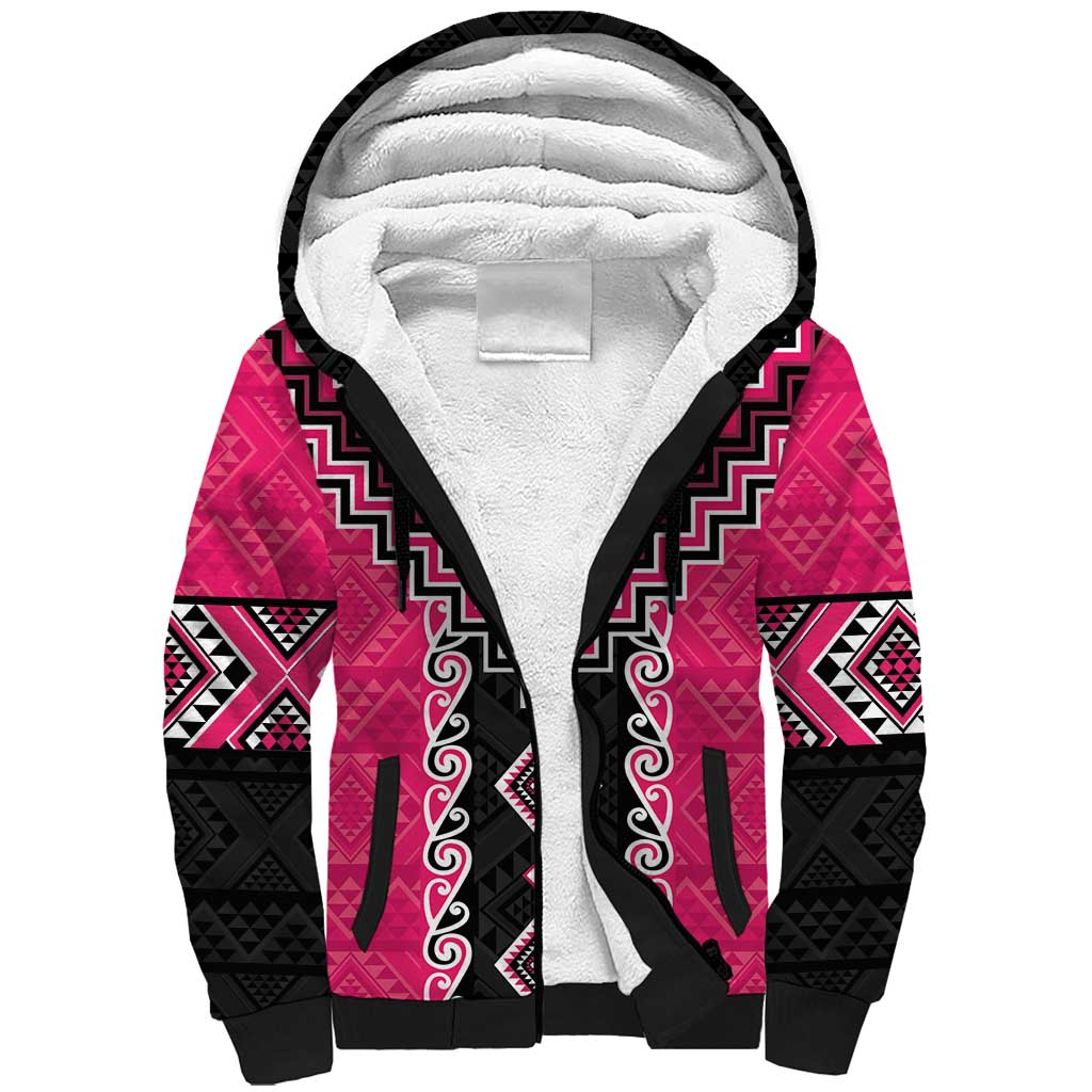 Pink Niho Taniwha Mix Poutama Sherpa Hoodie Unique Taniko Aotearoa