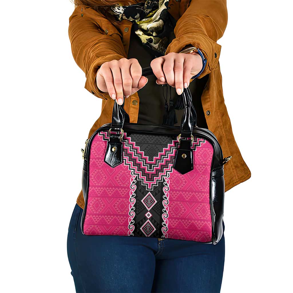 Pink Niho Taniwha Mix Poutama Shoulder Handbag Unique Taniko Aotearoa