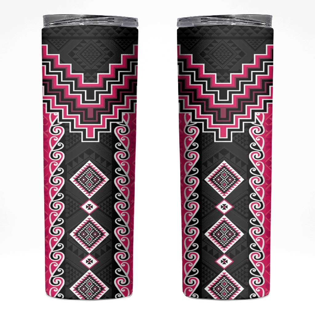 Pink Niho Taniwha Mix Poutama Skinny Tumbler Unique Taniko Aotearoa