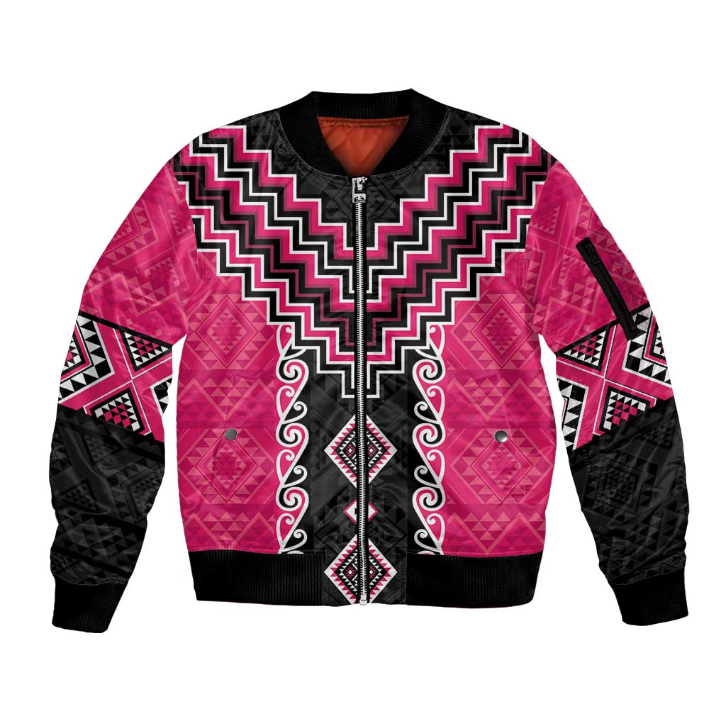 Pink Niho Taniwha Mix Poutama Sleeve Zip Bomber Jacket Unique Taniko Aotearoa