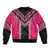 Pink Niho Taniwha Mix Poutama Sleeve Zip Bomber Jacket Unique Taniko Aotearoa