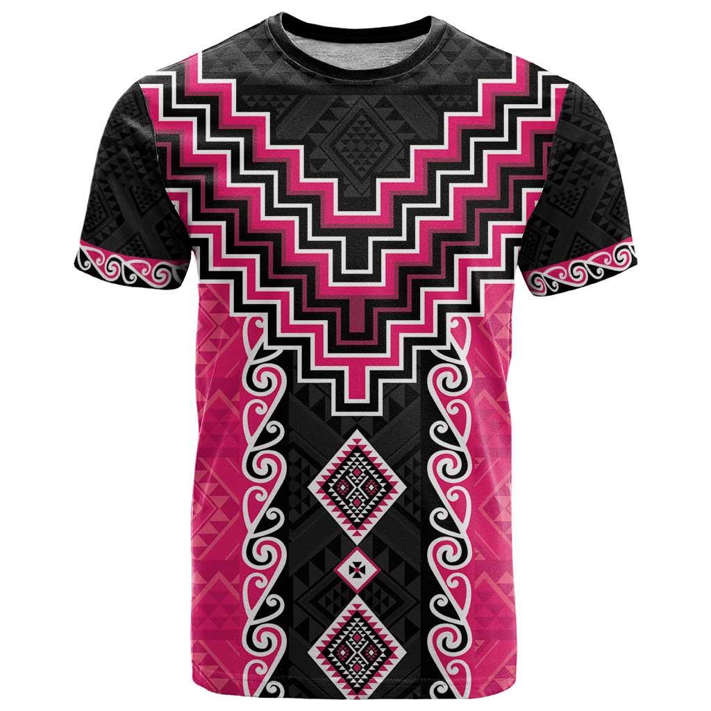 Pink Niho Taniwha Mix Poutama T Shirt Unique Taniko Aotearoa