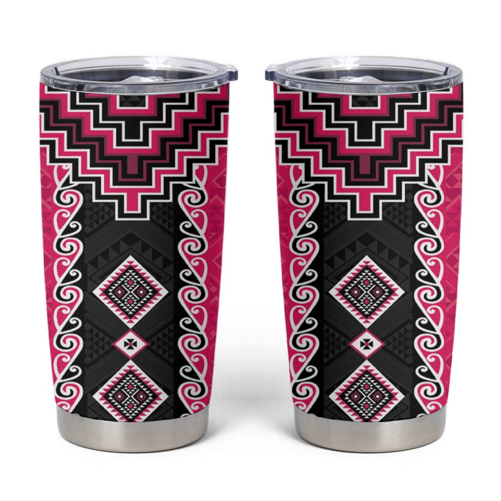 Pink Niho Taniwha Mix Poutama Tumbler Cup Unique Taniko Aotearoa