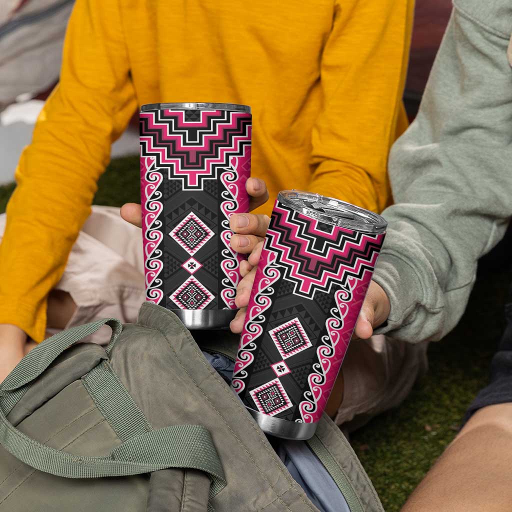 Pink Niho Taniwha Mix Poutama Tumbler Cup Unique Taniko Aotearoa